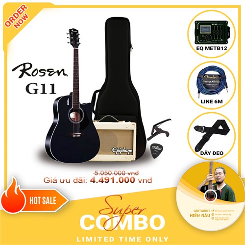 Combo đàn guitar Acoustic Rosen G11BK tích hợp Equalizer Metb12 và Amplifier Epiphone 15C,Tặng kèm khóa học Hiển Râu