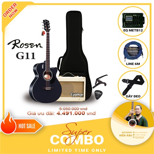 Combo đàn guitar Acoustic Rosen G11BK-A tích hợp Equalizer Metb12 và Amplifier Epiphone 15C,Tặng kèm khóa học Hiển Râu