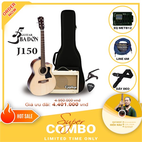 Combo đàn guitar Acoustic Ba Đờn J150 tích hợp Equalizer Metb12 và Amplifier Epiphone 15C,Tặng kèm khóa học Hiển Râu